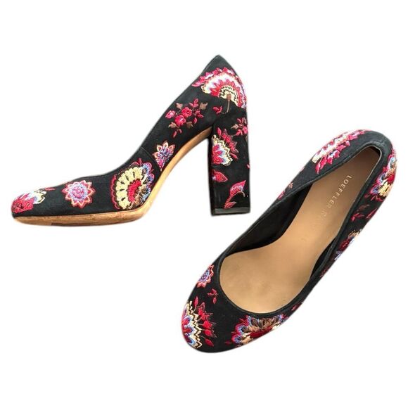 Loeffler Randall Sydnee Black Floral Suede Embroidery High Block Heel Pumps Sz 6 - Picture 8 of 11